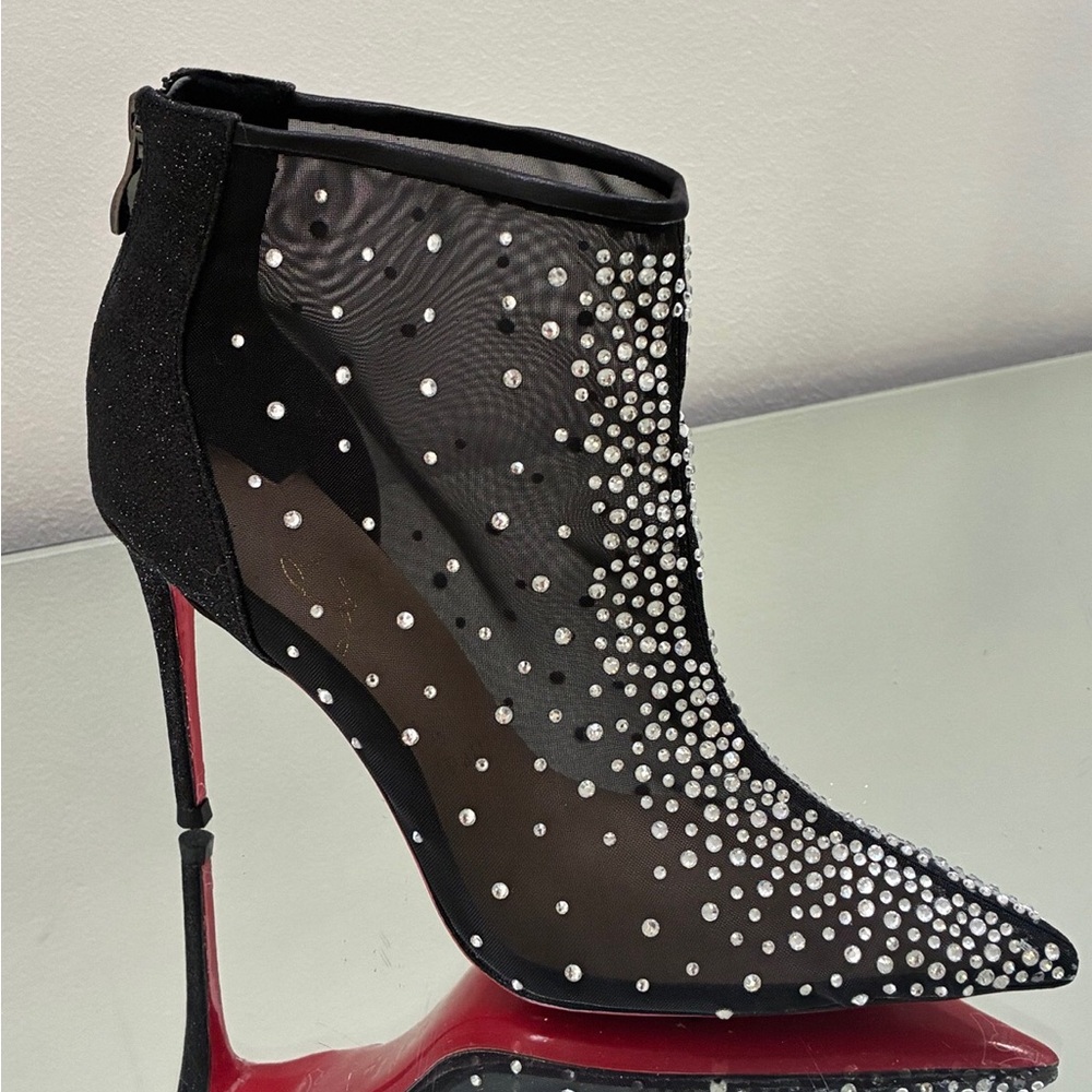 Christian Louboutin Black Mesh Crystal Pointed-Toe Ankle Boot